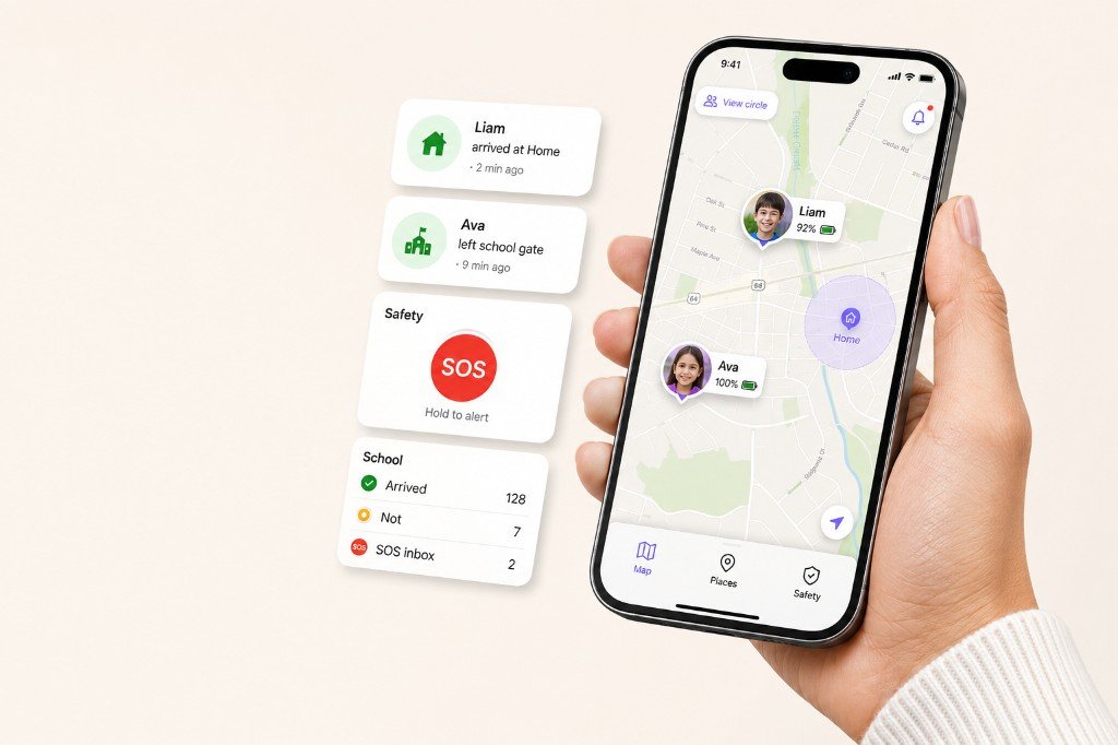 Find Me on a phone: family pins, Home and school alerts, SOS, and school arrivals.